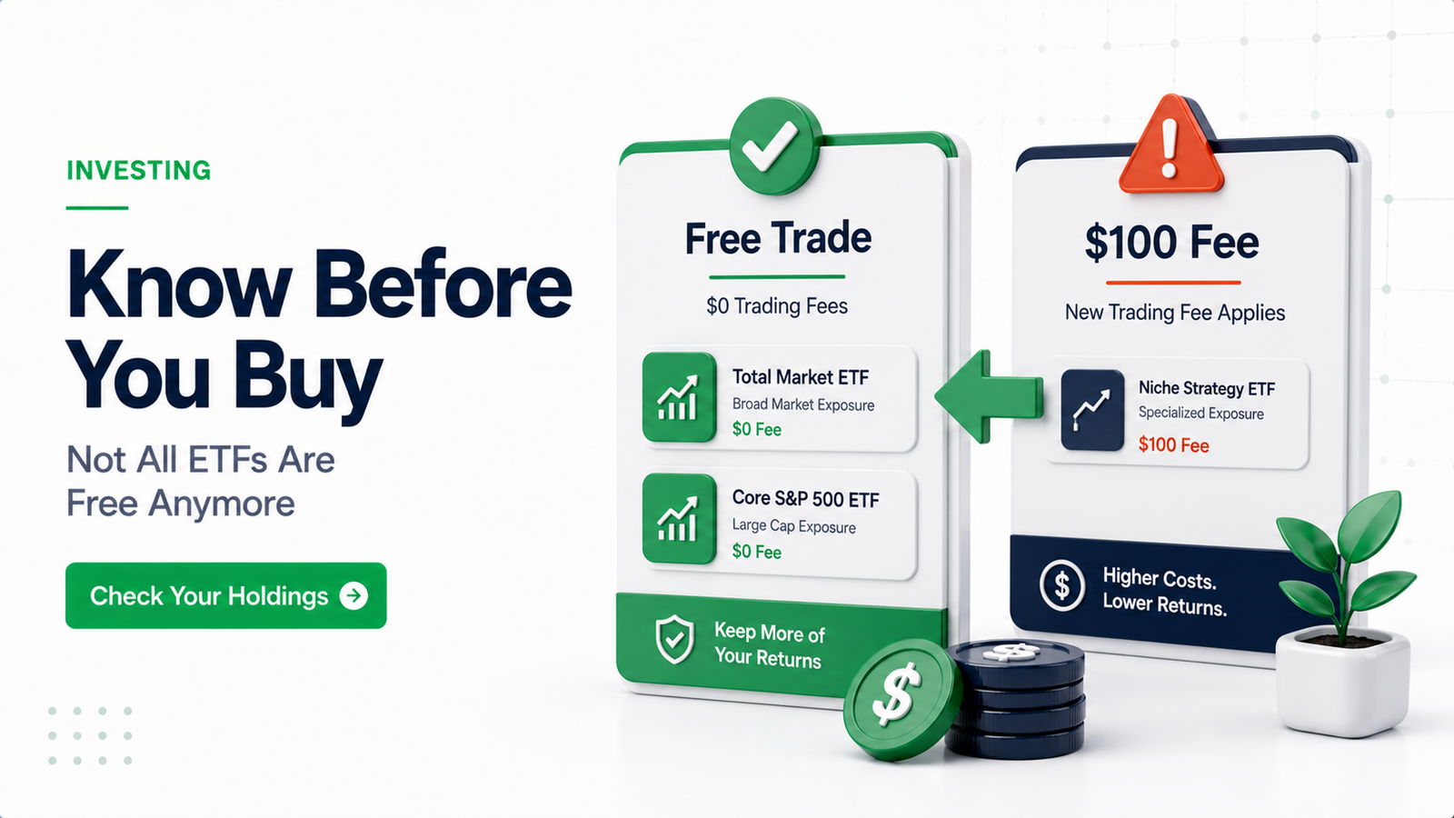 Brokerage platform warning showing ETF service fee before trade confirmation