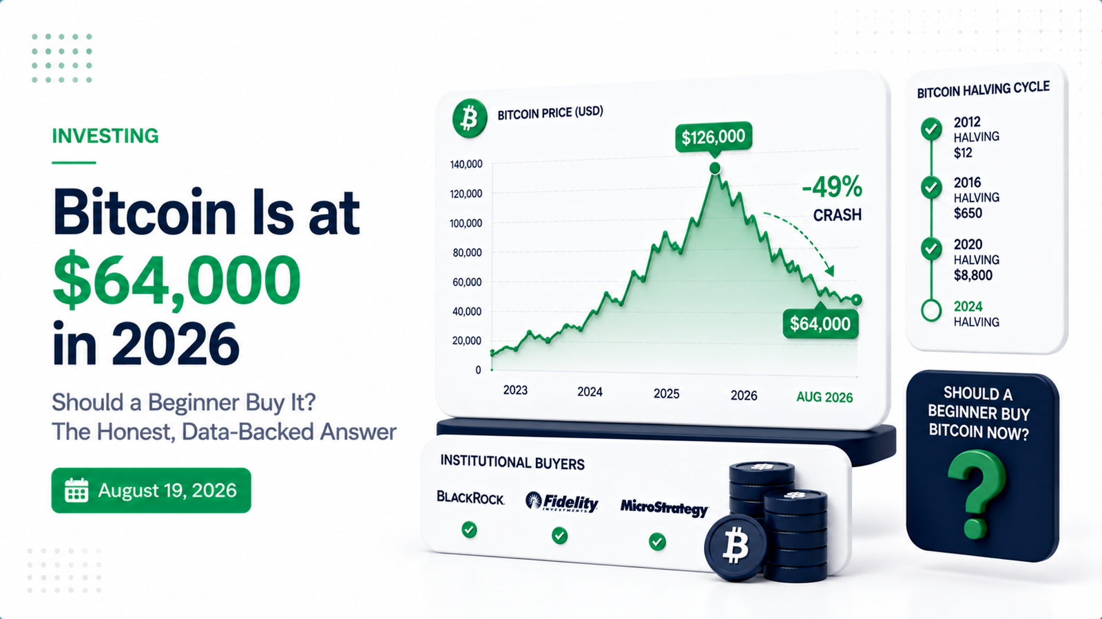 Premium illustration showing Bitcoin price chart with halving cycle and beginner investment decision framework
