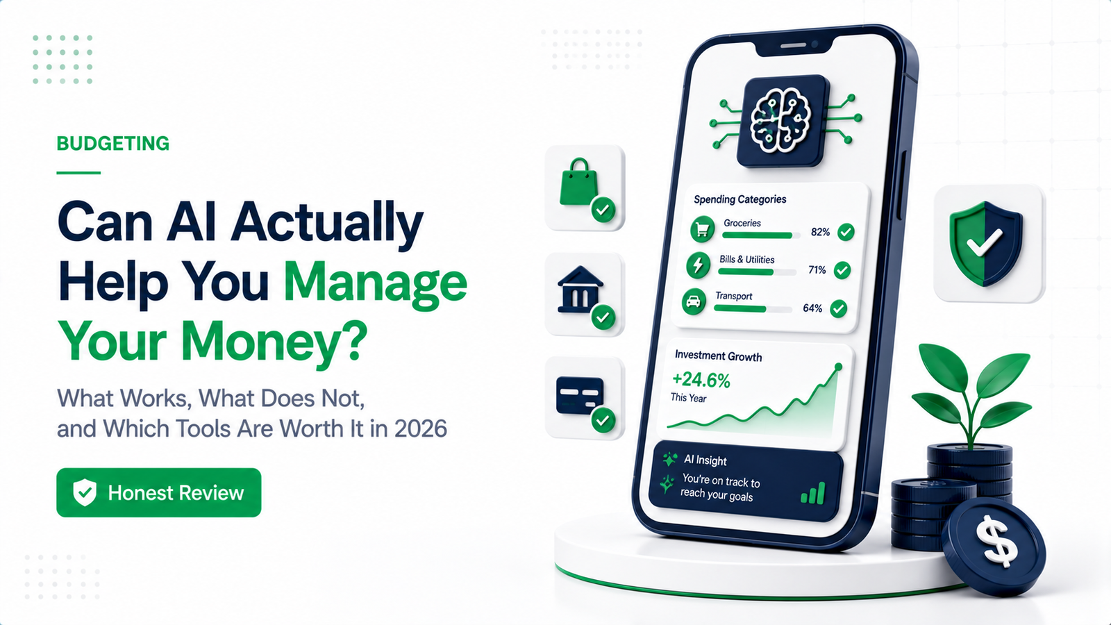 Premium illustration showing AI-powered financial dashboard managing budgets and investments automatically