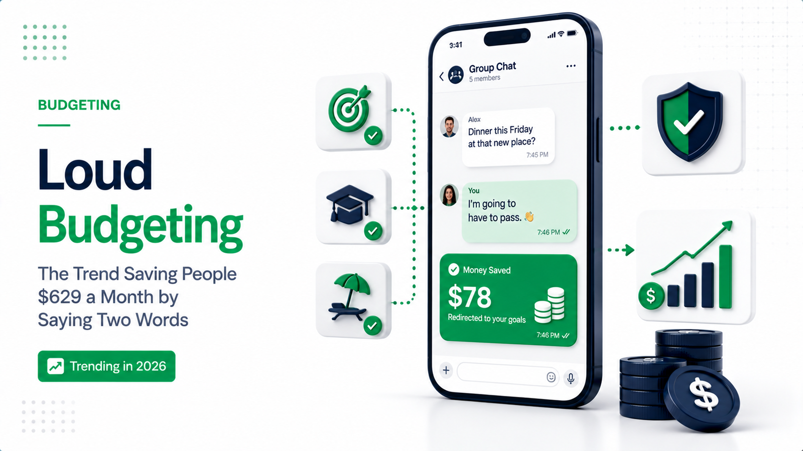 Premium illustration showing loud budgeting concept with a person confidently declining social spending pressure