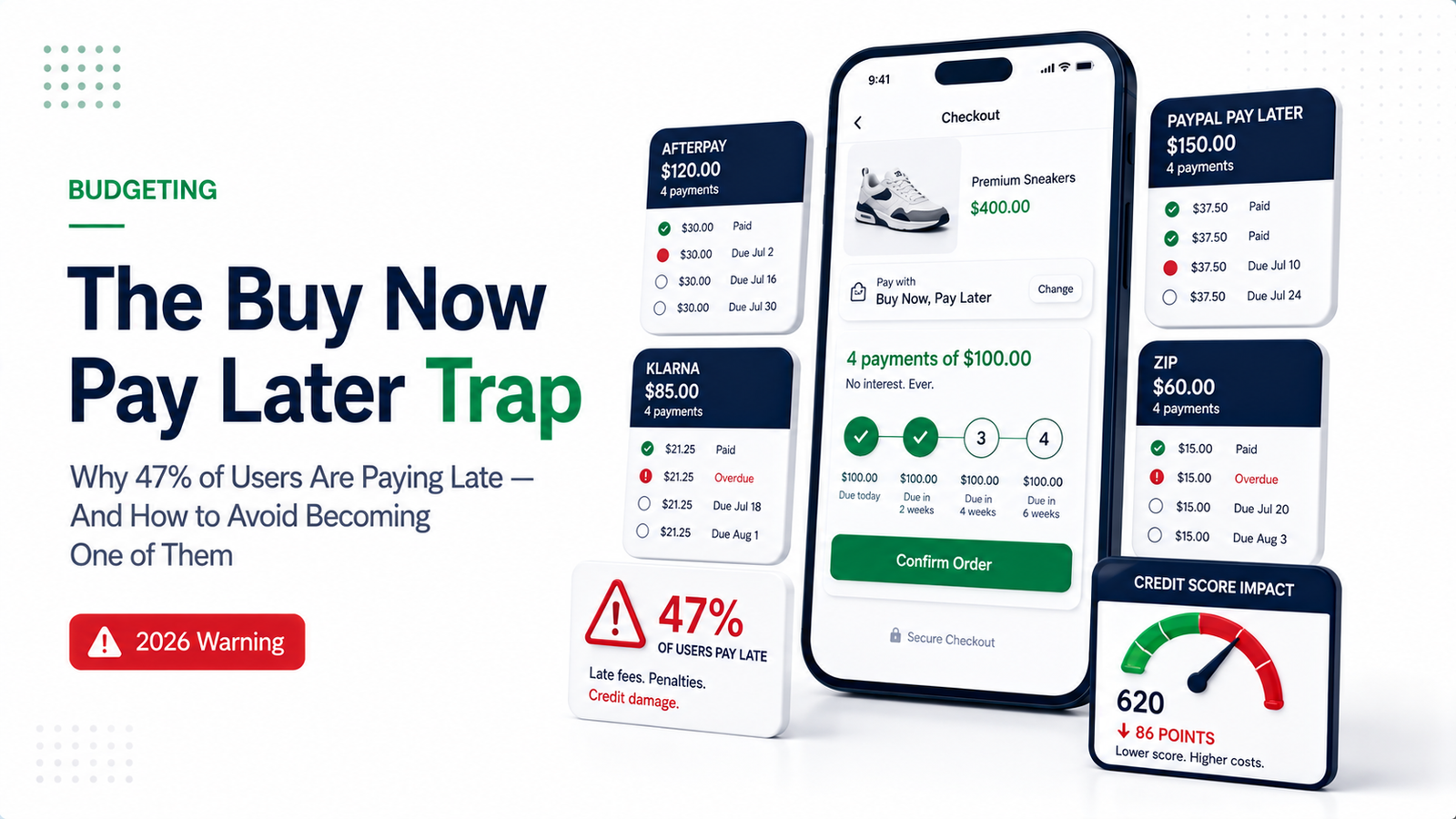 Premium illustration showing Buy Now Pay Later trap with overlapping payment schedules and debt warning indicators