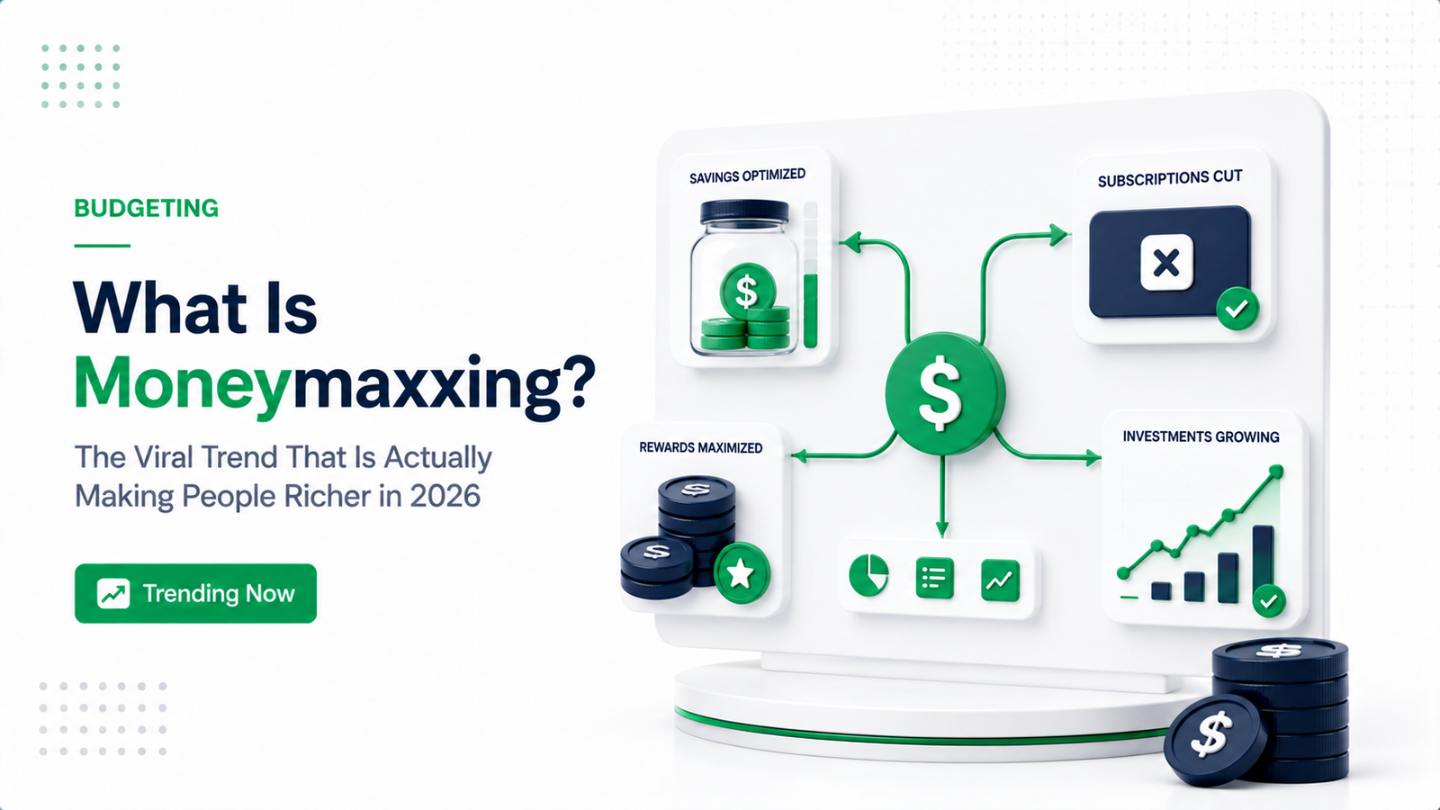 Premium illustration showing moneymaxxing concept with optimized financial dashboard and wealth-building icons
