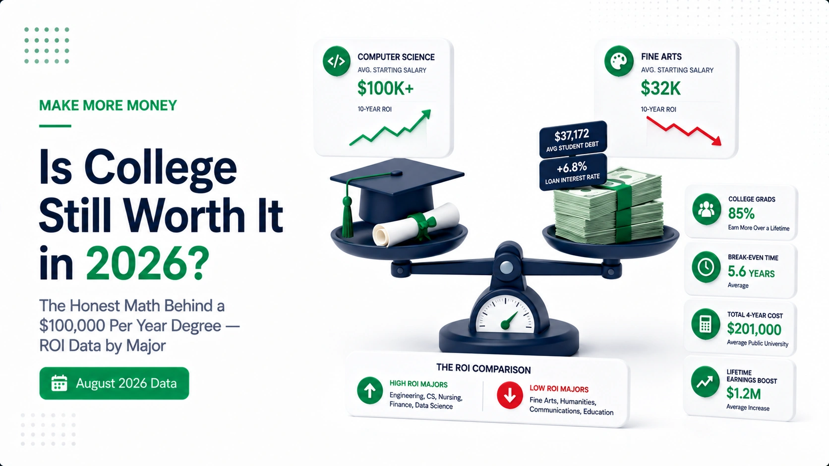 Premium illustration showing college degree ROI comparison with cost vs earnings data and major comparison