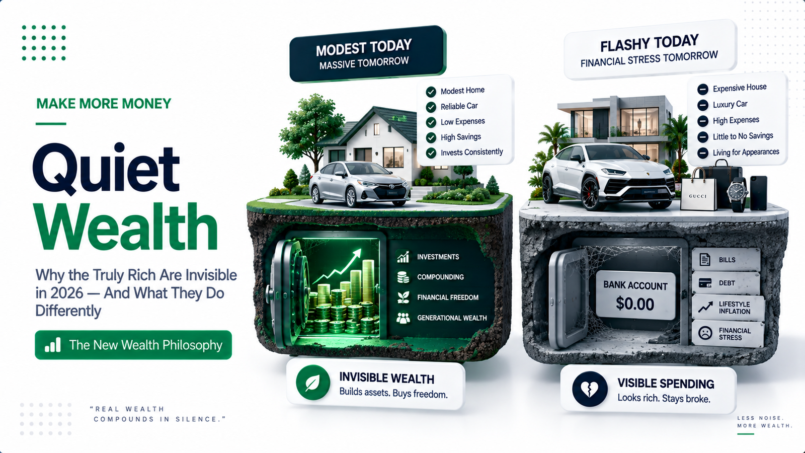 Premium illustration showing quiet wealth concept with invisible compounding portfolio versus visible luxury spending comparison