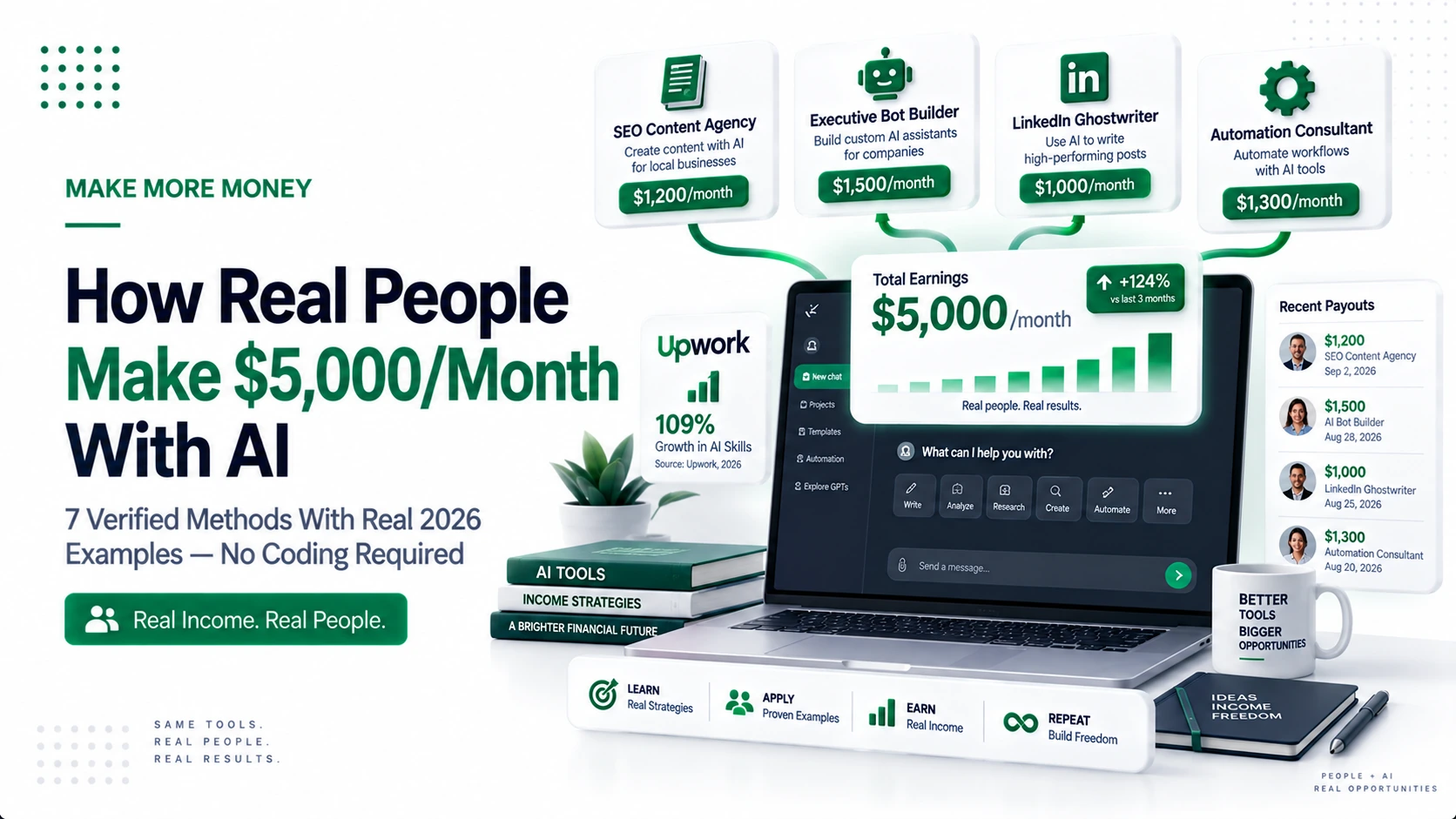 Premium illustration showing real AI income earners with verified monthly earnings and AI tools dashboard