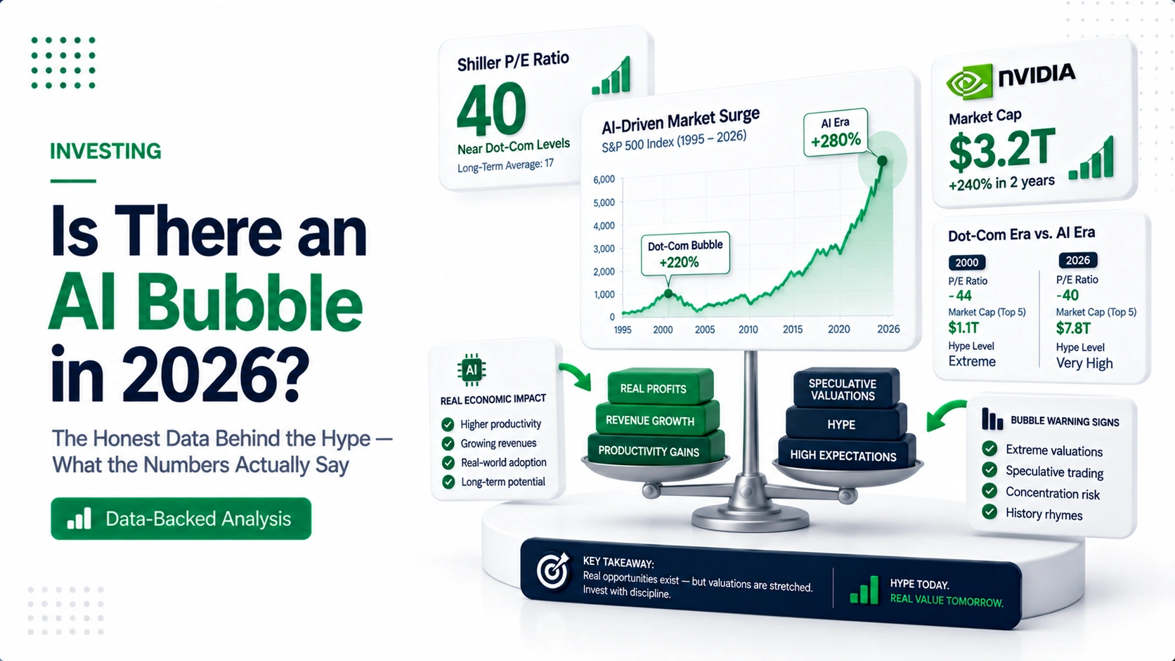 Premium illustration showing AI stock market bubble comparison with dot-com era data and Nvidia valuation indicators