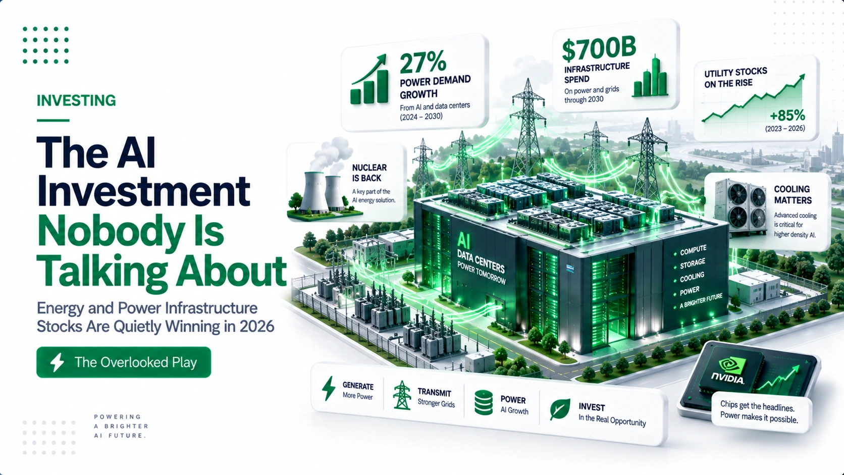 Premium illustration showing AI data center power demand with energy infrastructure investment opportunity indicators