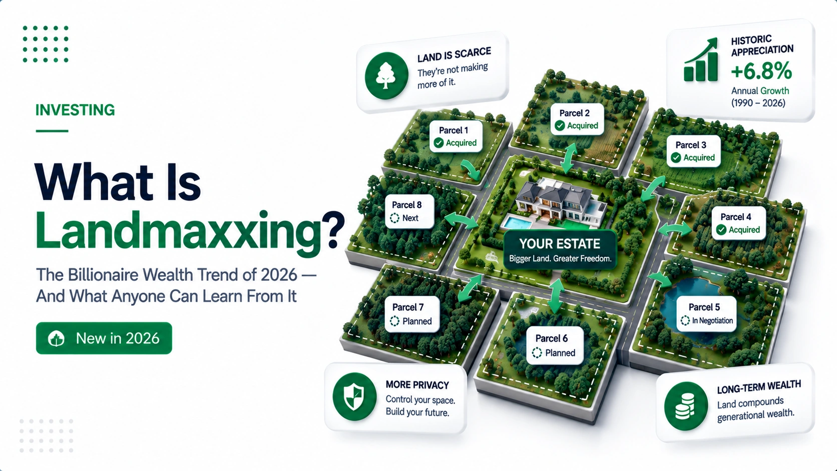 Premium illustration showing landmaxxing concept with adjacent land parcels being assembled into a compound with wealth and privacy indicators